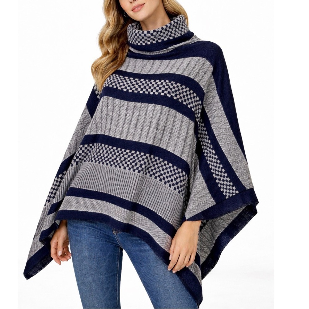 NEW K&K Cowl neck cape Navy Blue & Gray pull over SOFT knit sleeveless OSFM
